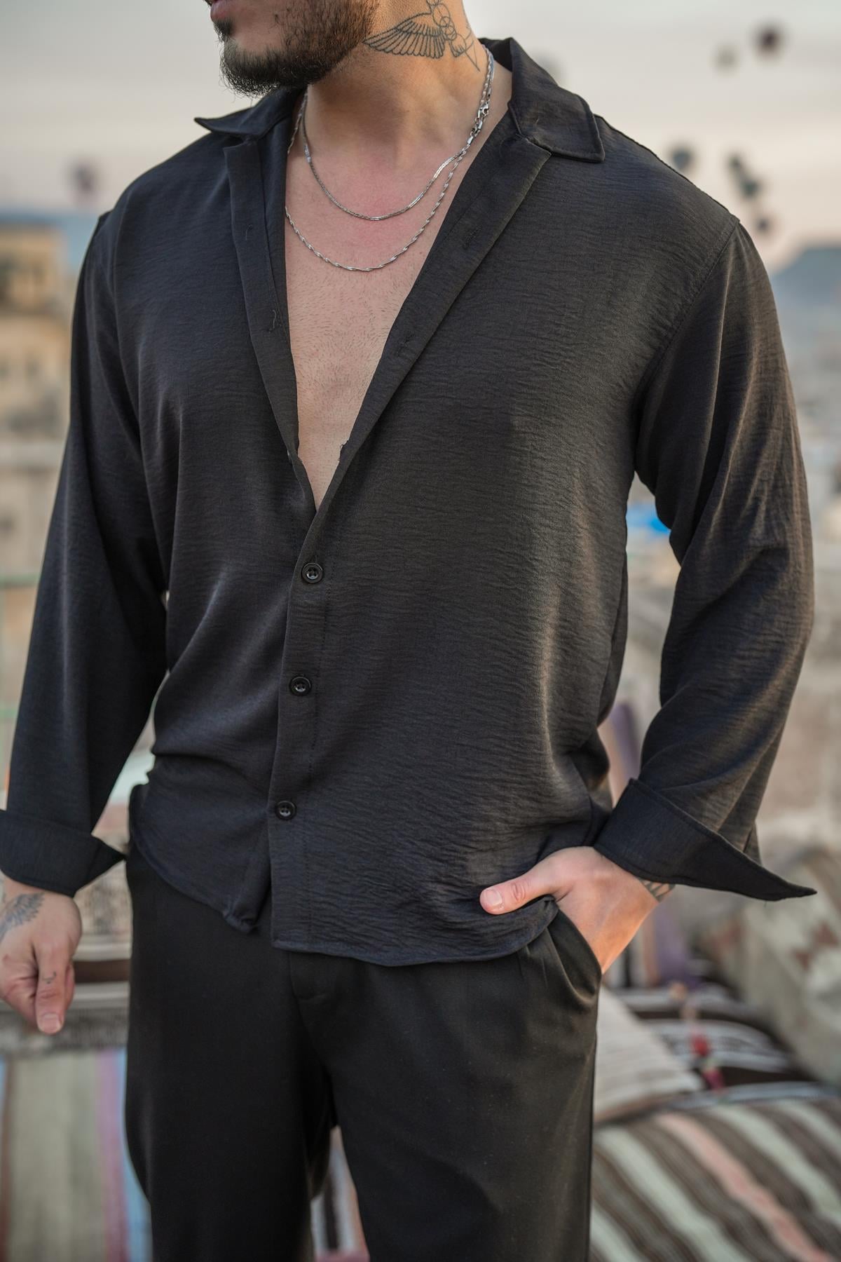 Dokulu Oversize Gömlek Siyah