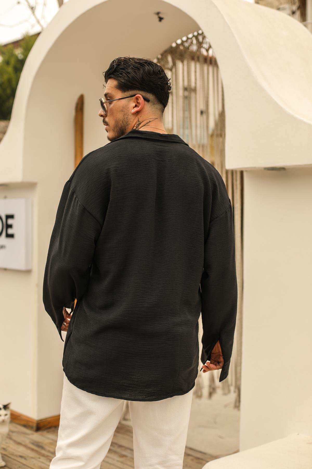 Dokulu Oversize Gömlek Siyah