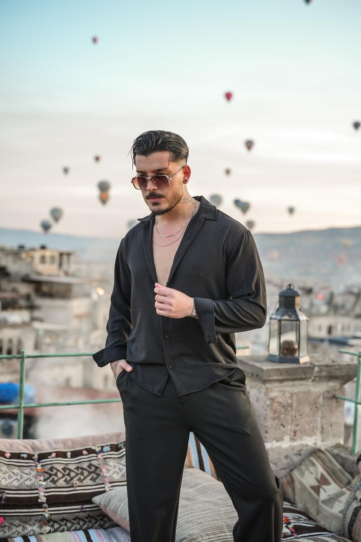 Dokulu Oversize Gömlek Siyah