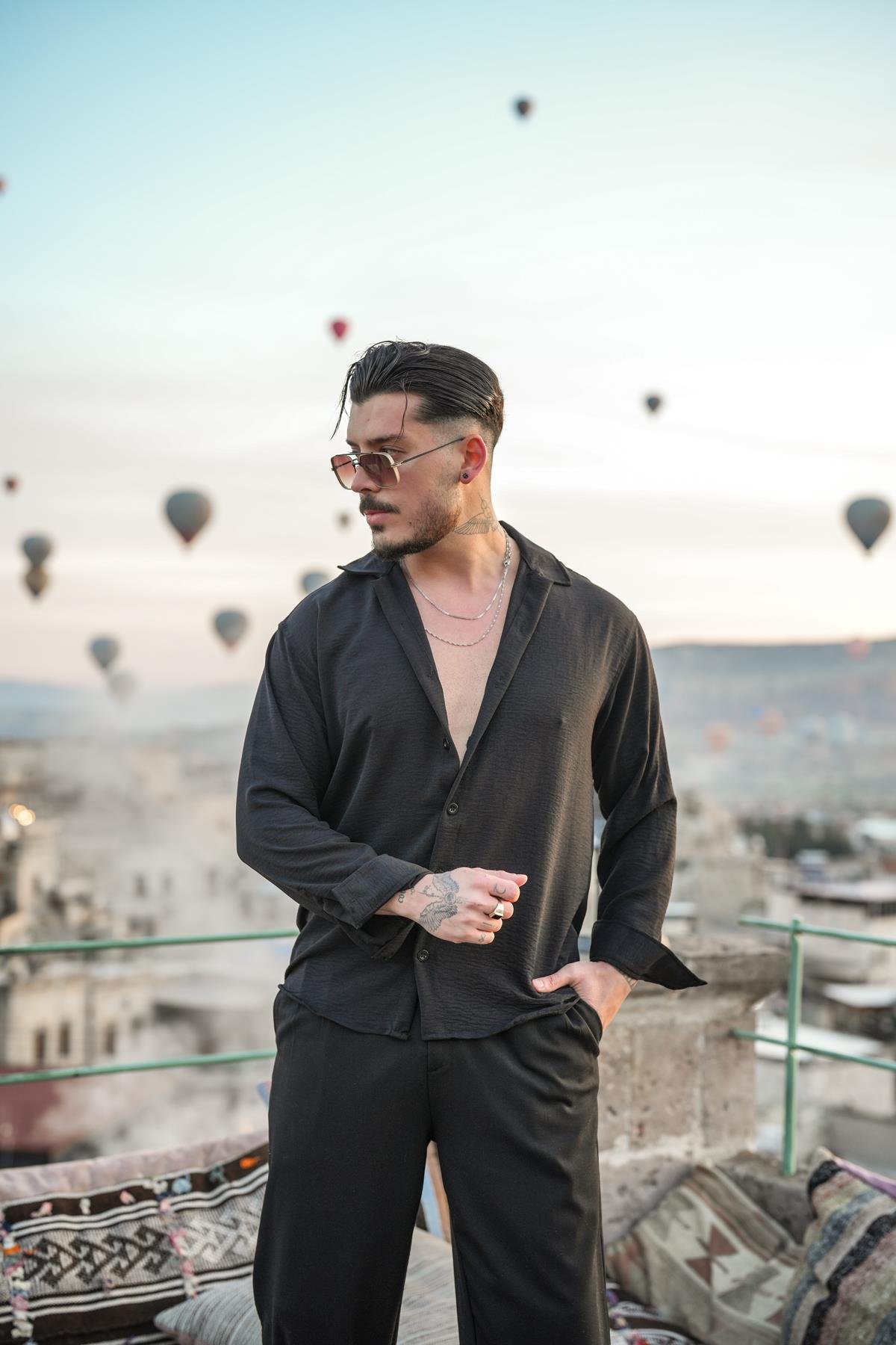 Dokulu Oversize Gömlek Siyah