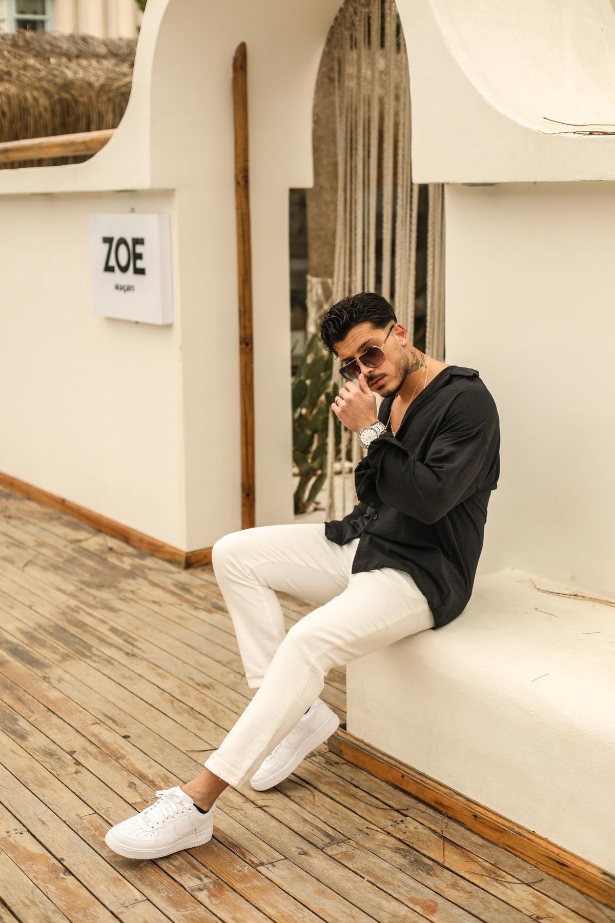 Dokulu Oversize Gömlek Siyah