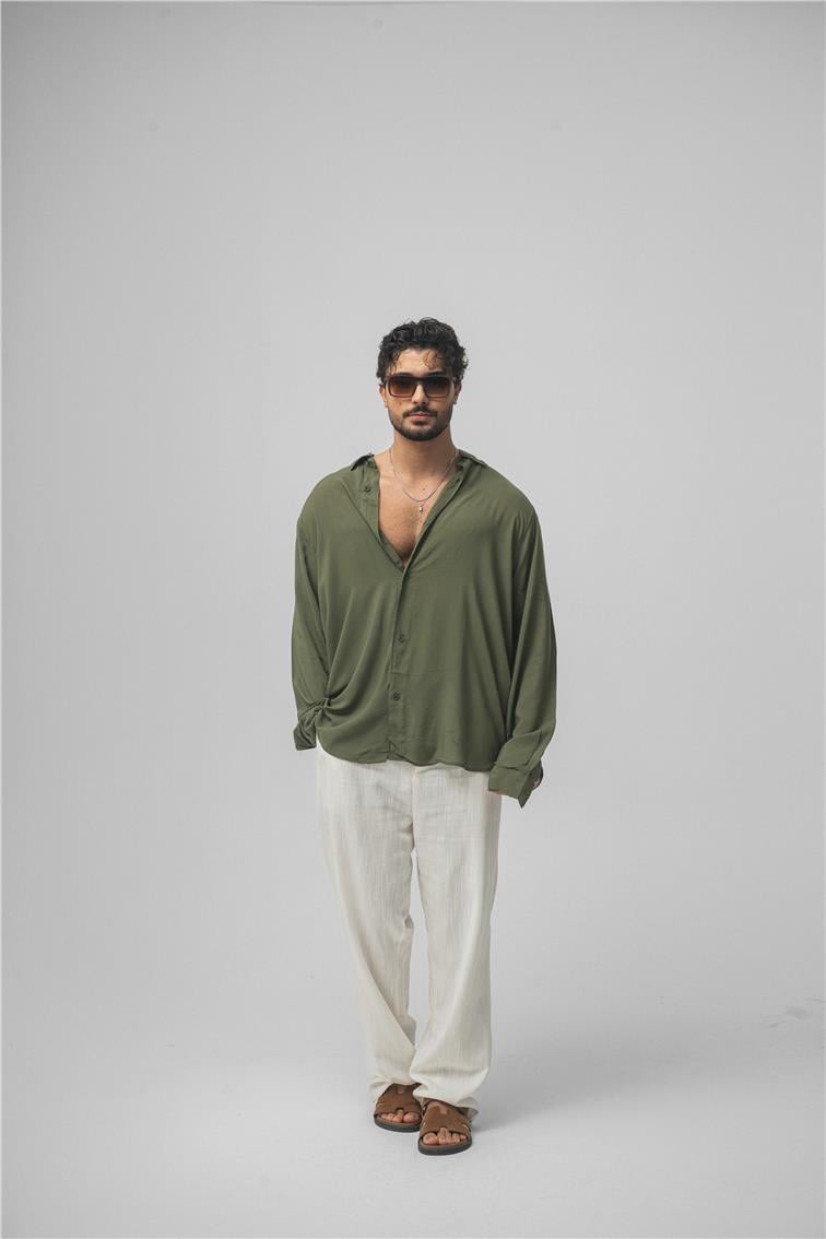 Dökümlü Oversize Gömlek Haki