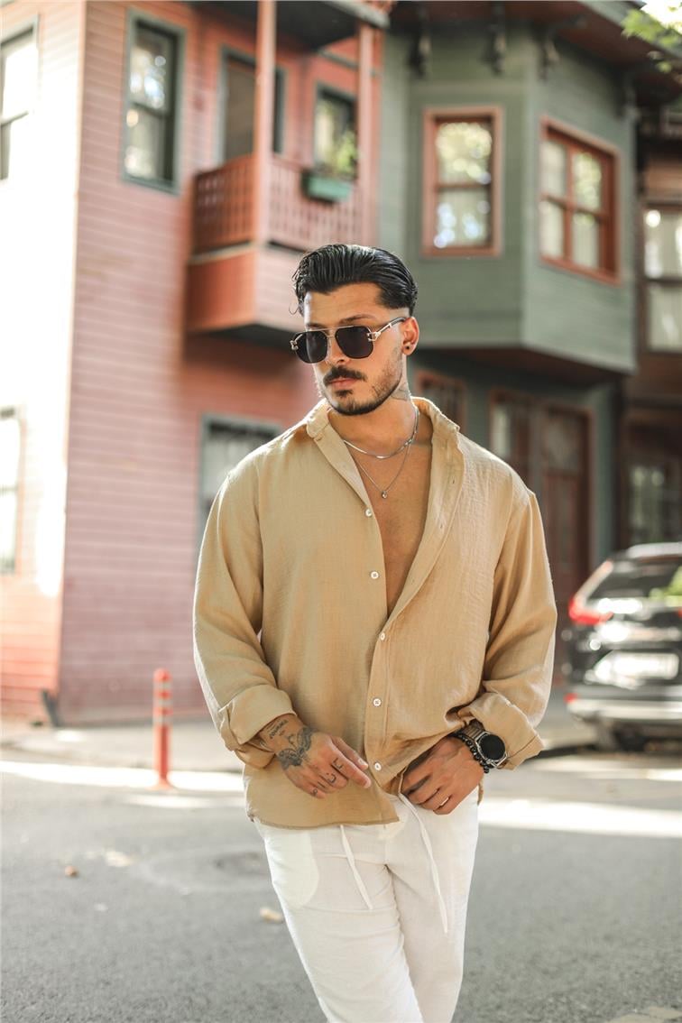Dökümlü Yaka Düğmeli Oversize Gömlek Camel