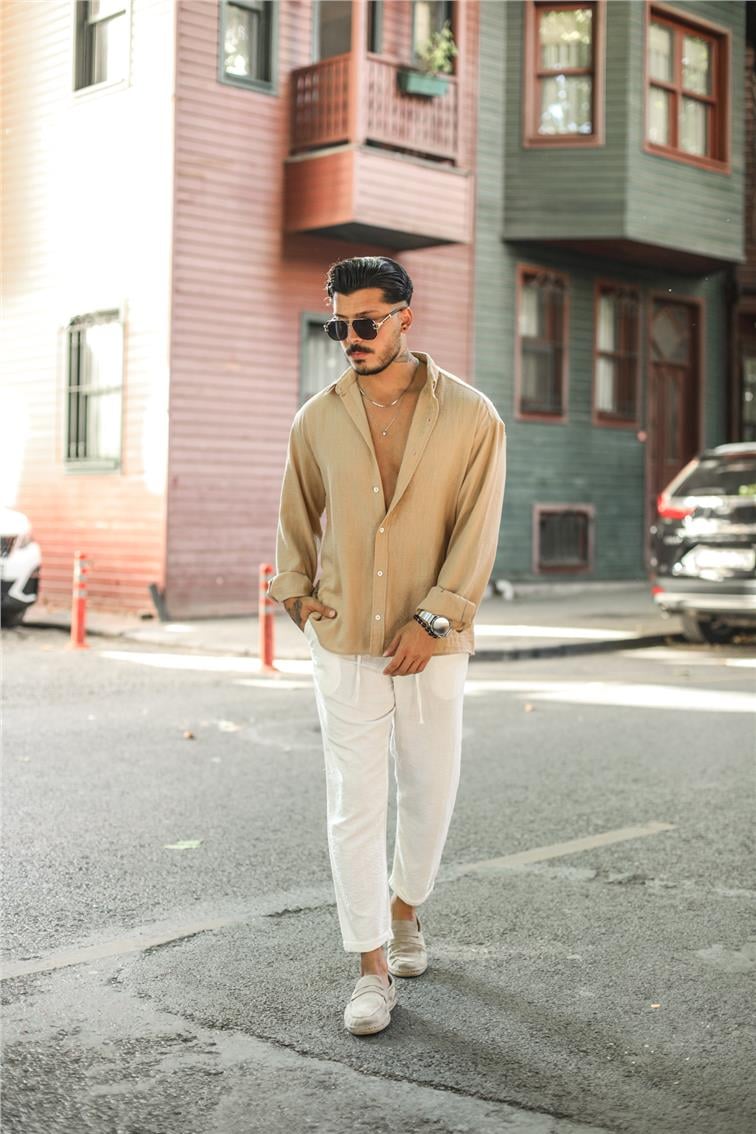 Dökümlü Yaka Düğmeli Oversize Gömlek Camel