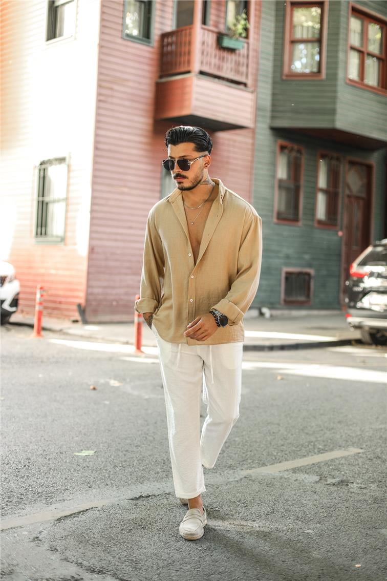 Dökümlü Yaka Düğmeli Oversize Gömlek Camel