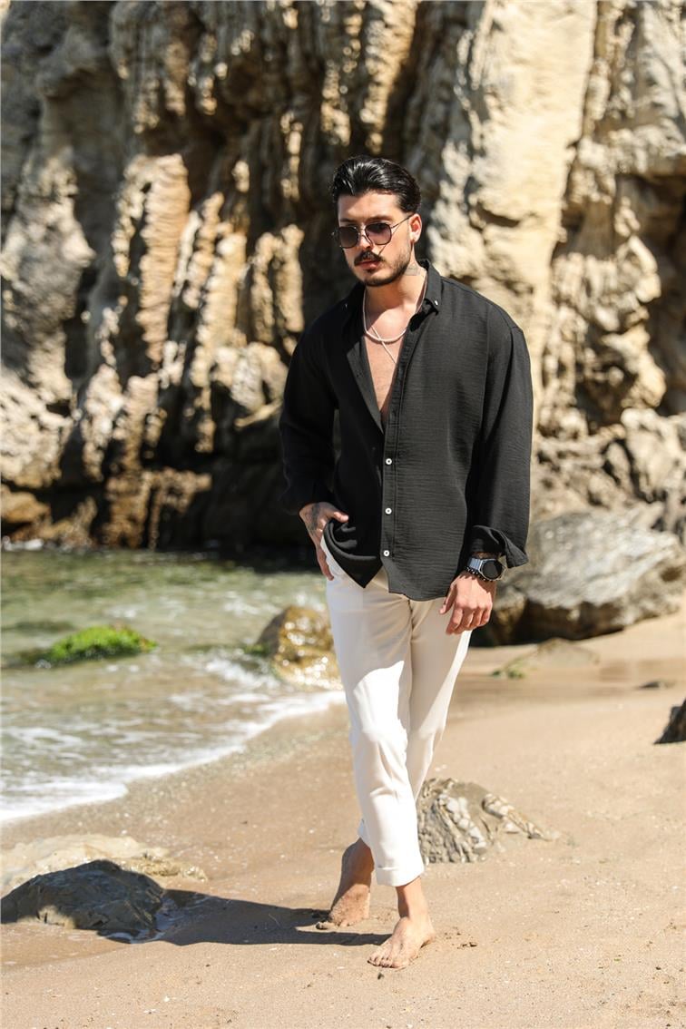 Dökümlü Yaka Düğmeli Oversize Gömlek Siyah