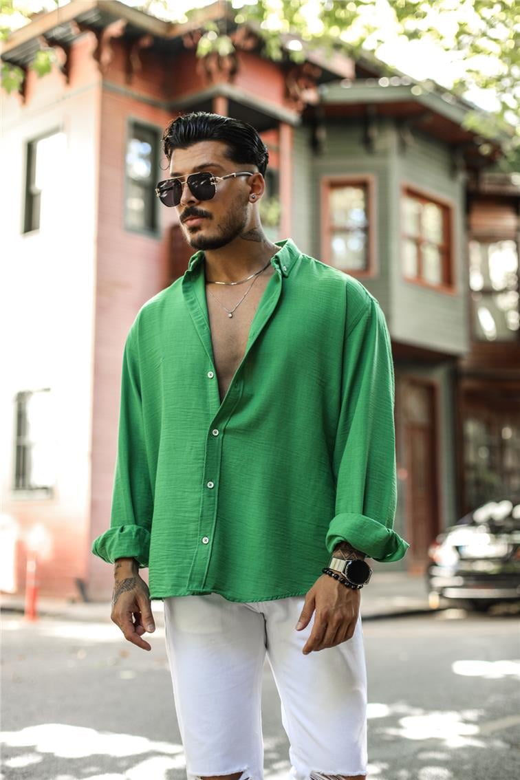 Dökümlü Yaka Düğmeli Oversize Gömlek Yeşil