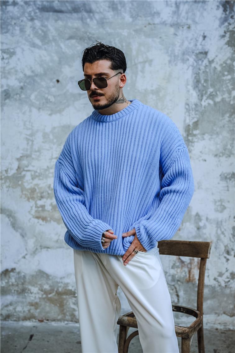 Dolgun Kumaş Oversize Kazak Açık Mavi