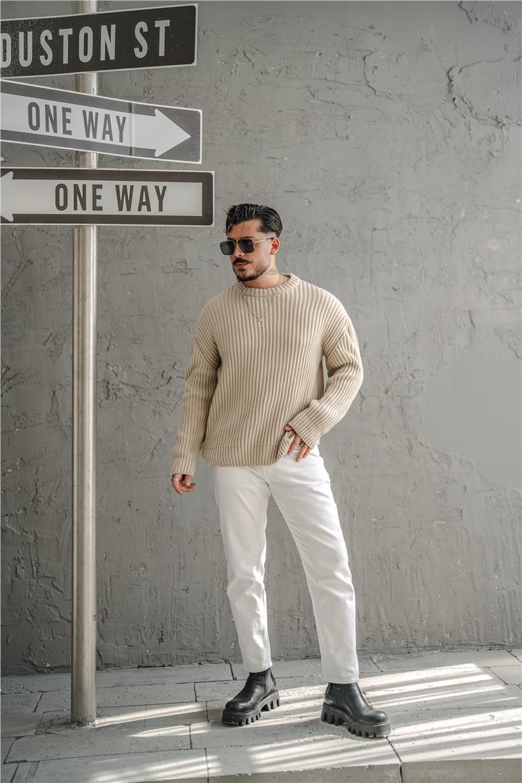 Dolgun Kumaş Oversize Kazak Bej