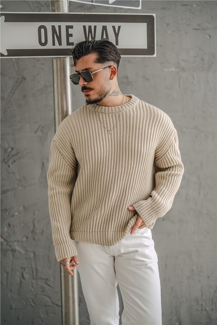 Dolgun Kumaş Oversize Kazak Bej