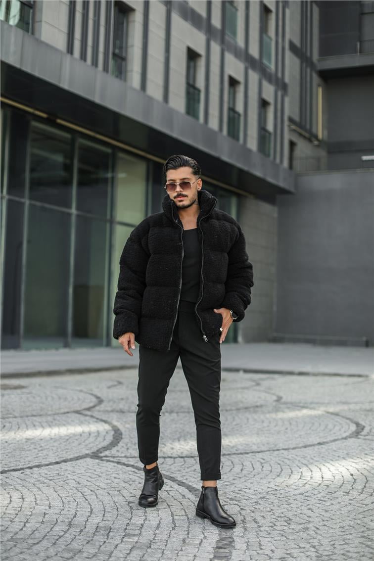 Dolgun Peluş Oversize Mont Siyah
