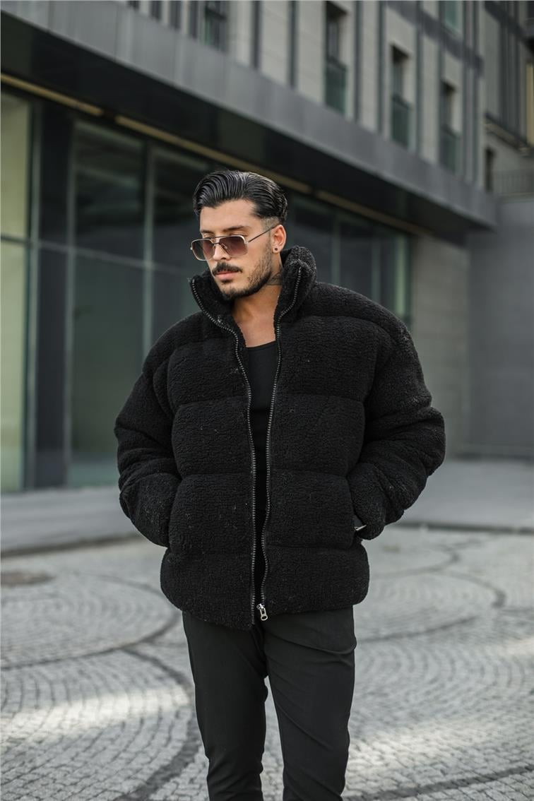 Dolgun Peluş Oversize Mont Siyah