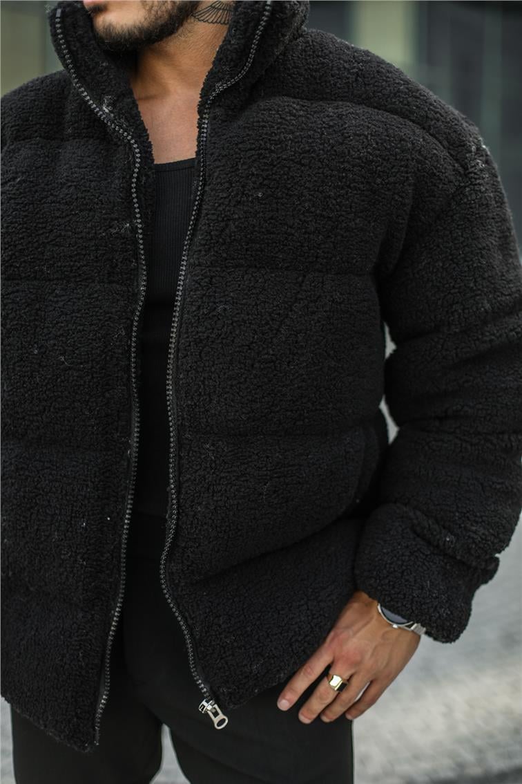 Dolgun Peluş Oversize Mont Siyah