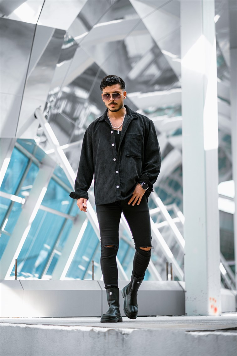 Düğme Detaylı Kadife Oversize Gömlek