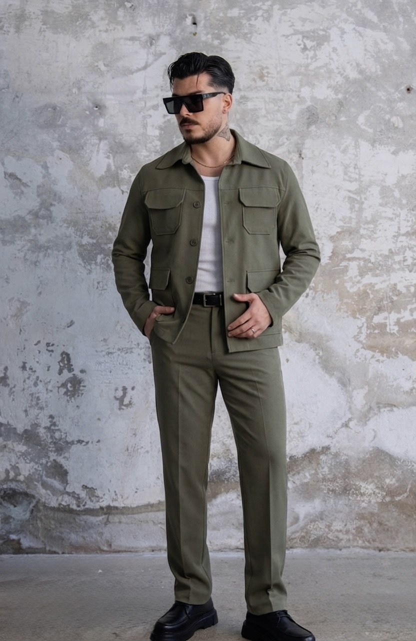 Düğme Kapamalı Basic Regular Takım Yeşil