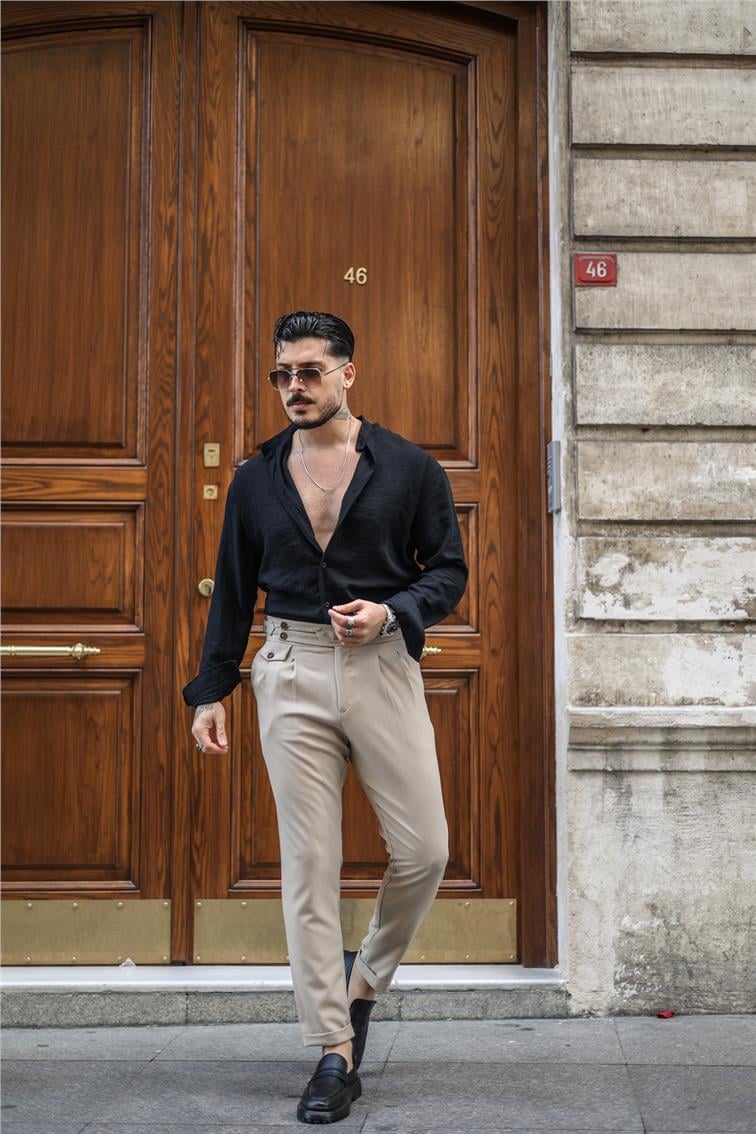 Düğme Kemerli Klasik Pantolon Krem