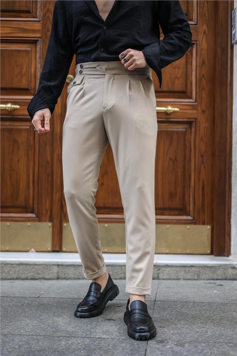Düğme Kemerli Klasik Pantolon Krem
