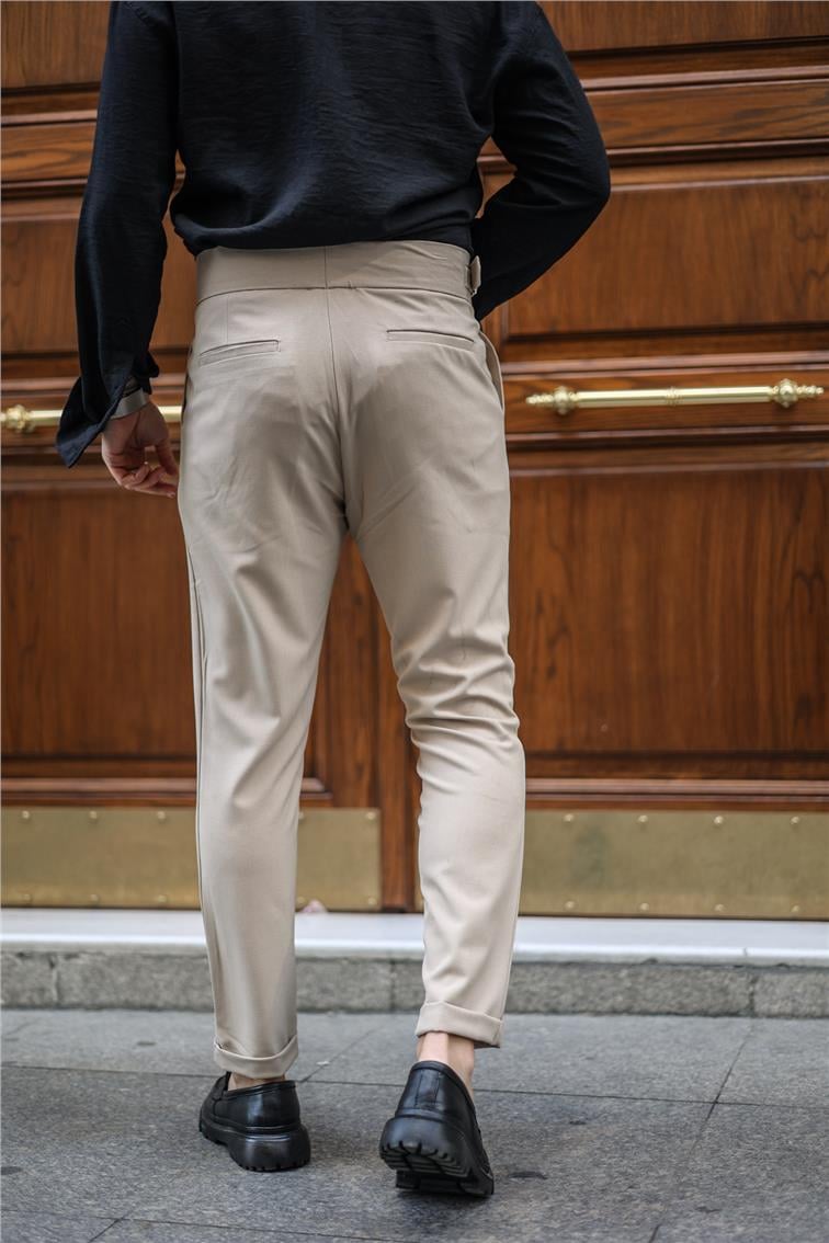 Düğme Kemerli Klasik Pantolon Krem