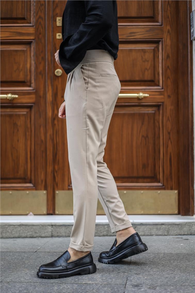 Düğme Kemerli Klasik Pantolon Krem