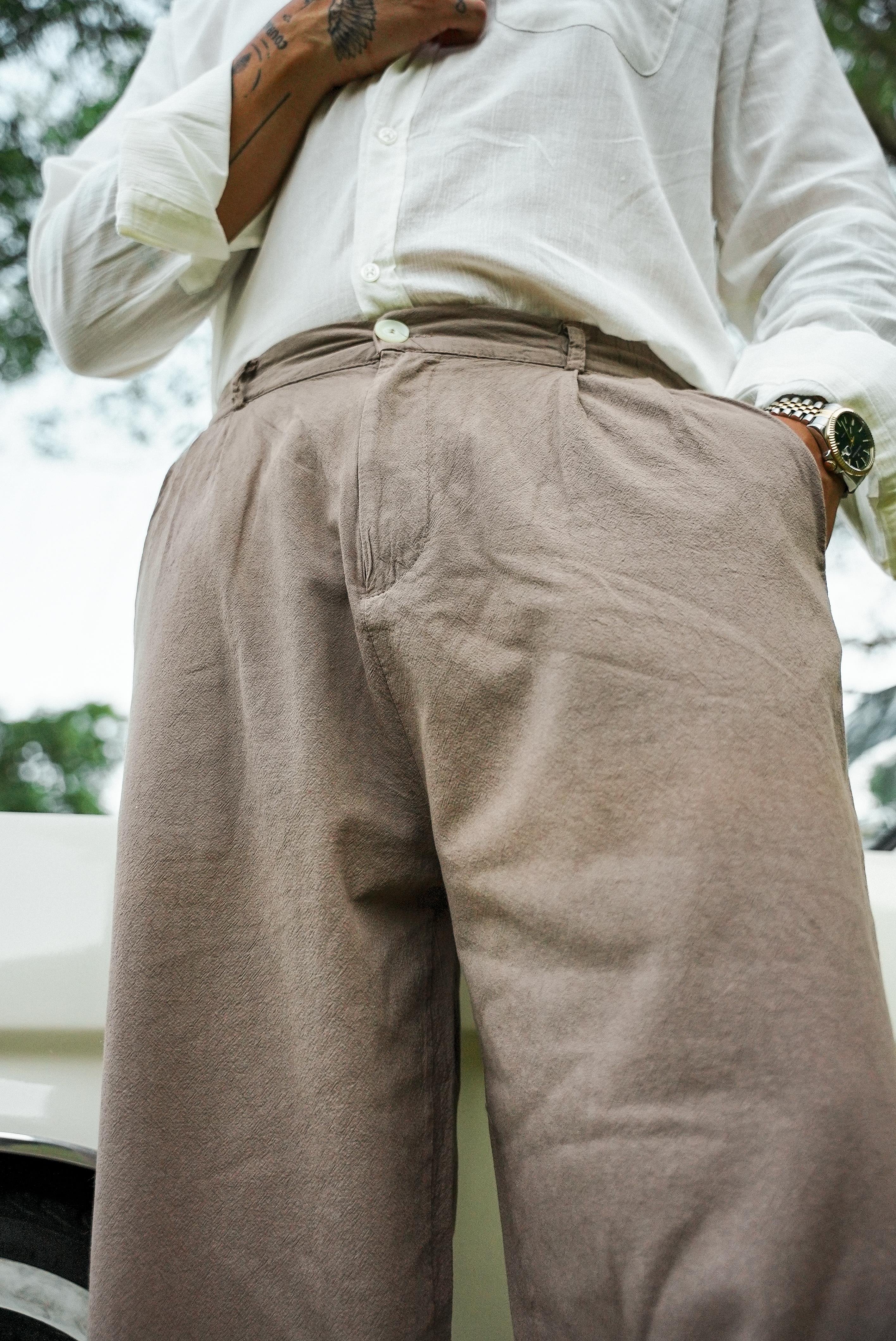 Düğmeli Bol Keten Pantolon Kahve