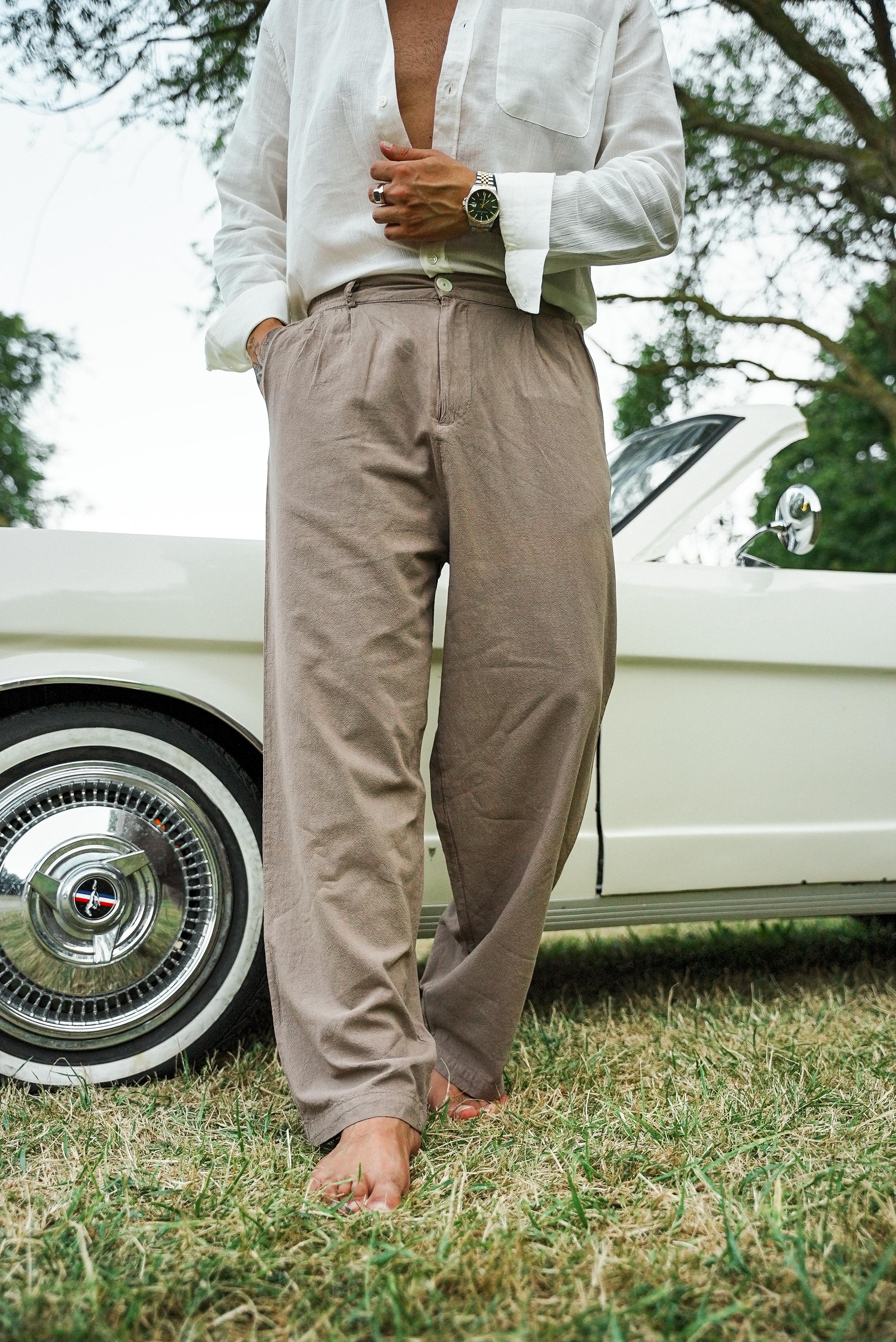 Düğmeli Bol Keten Pantolon Kahve