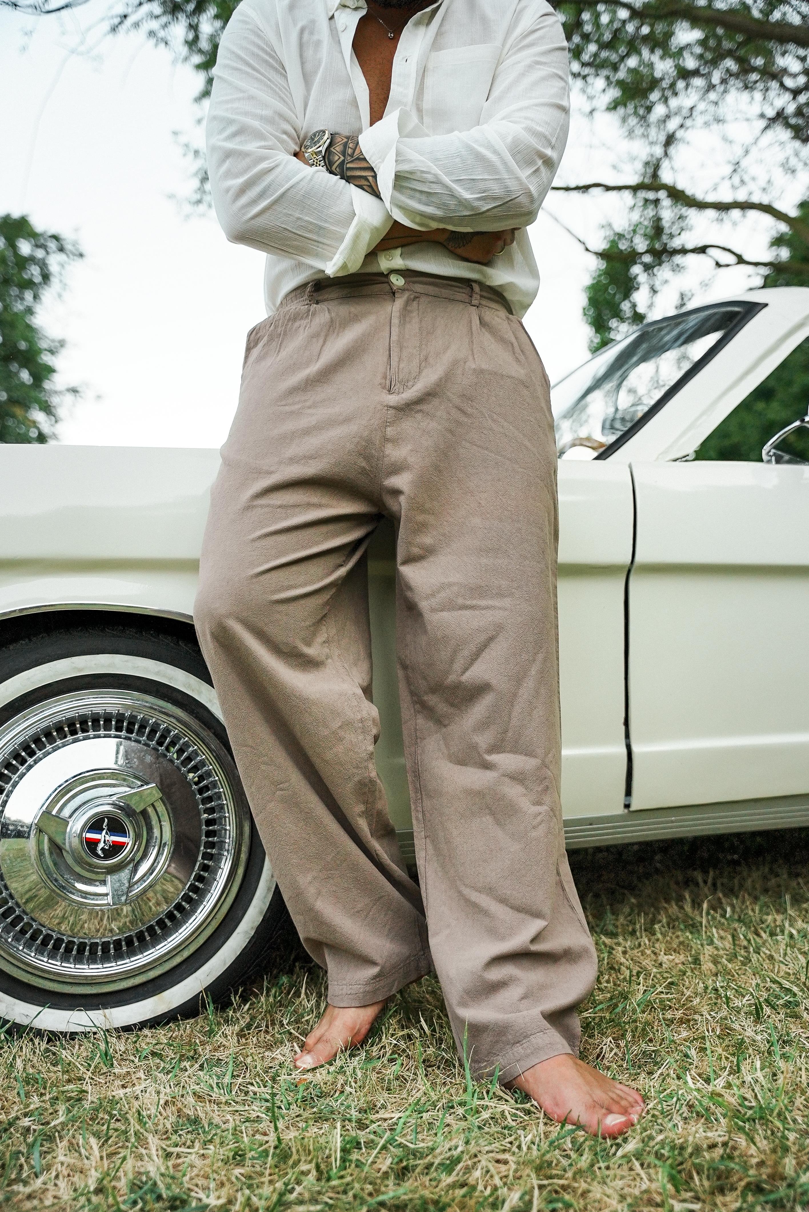 Düğmeli Bol Keten Pantolon Kahve