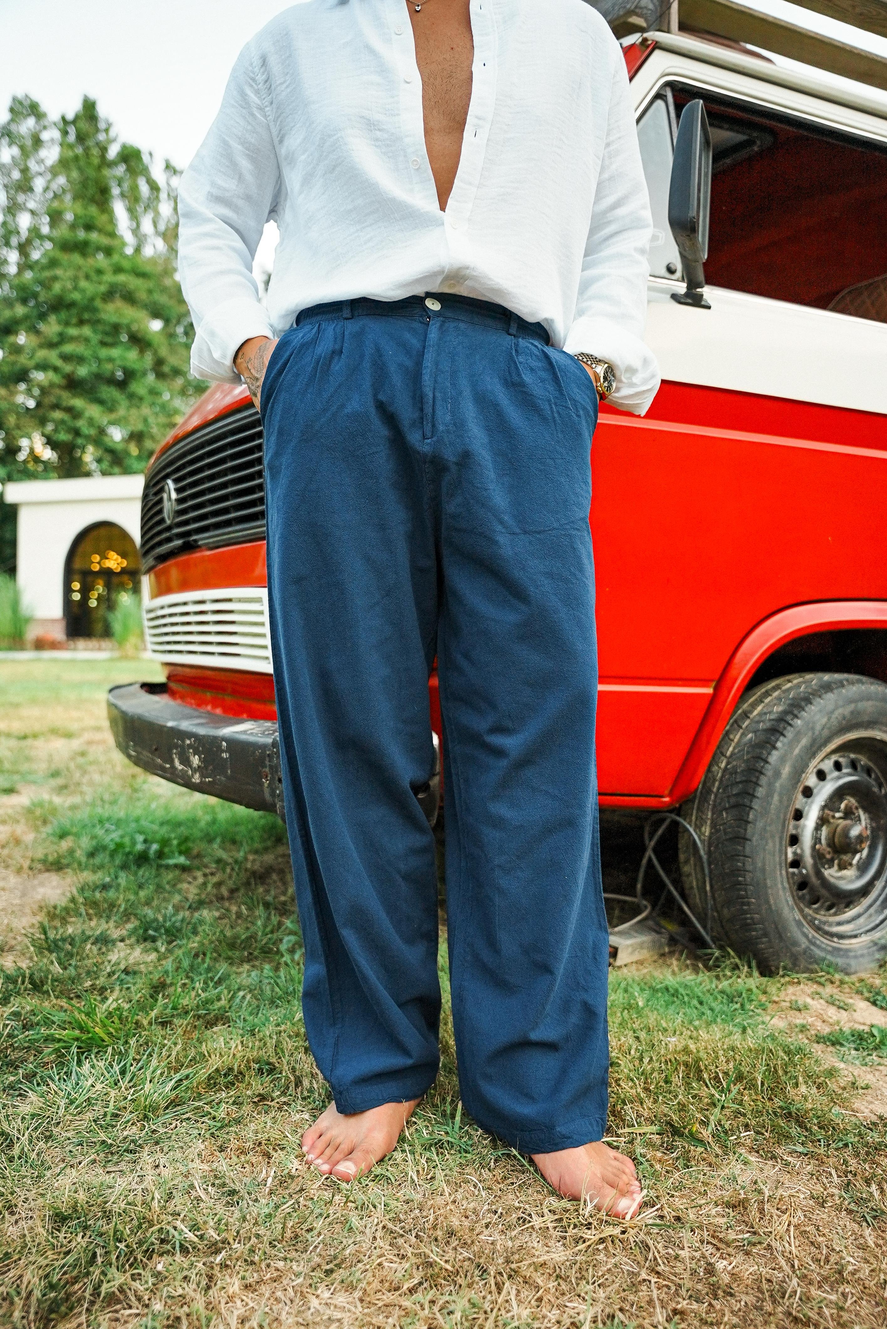 Düğmeli Bol Keten Pantolon Lacivert