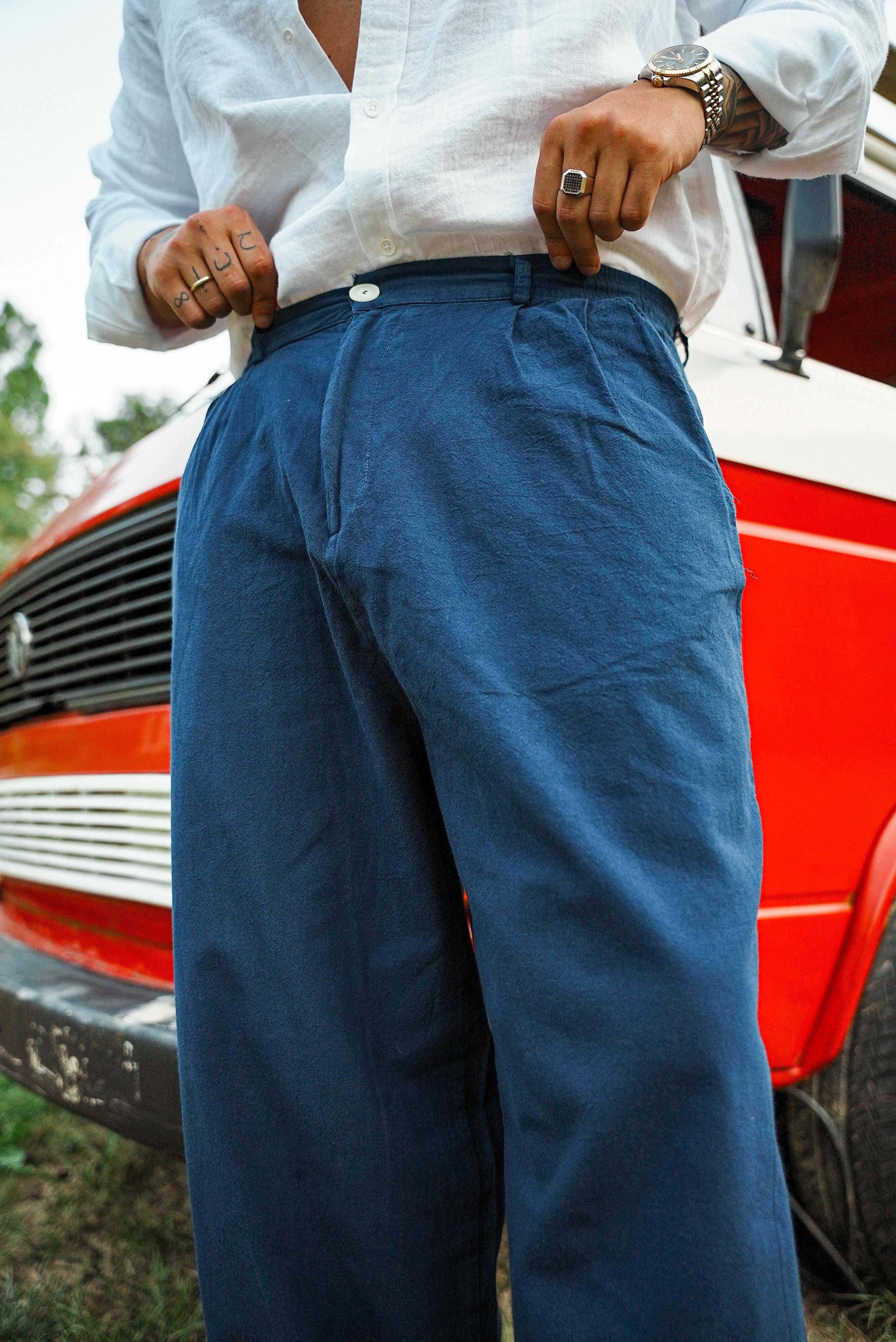 Düğmeli Bol Keten Pantolon Lacivert