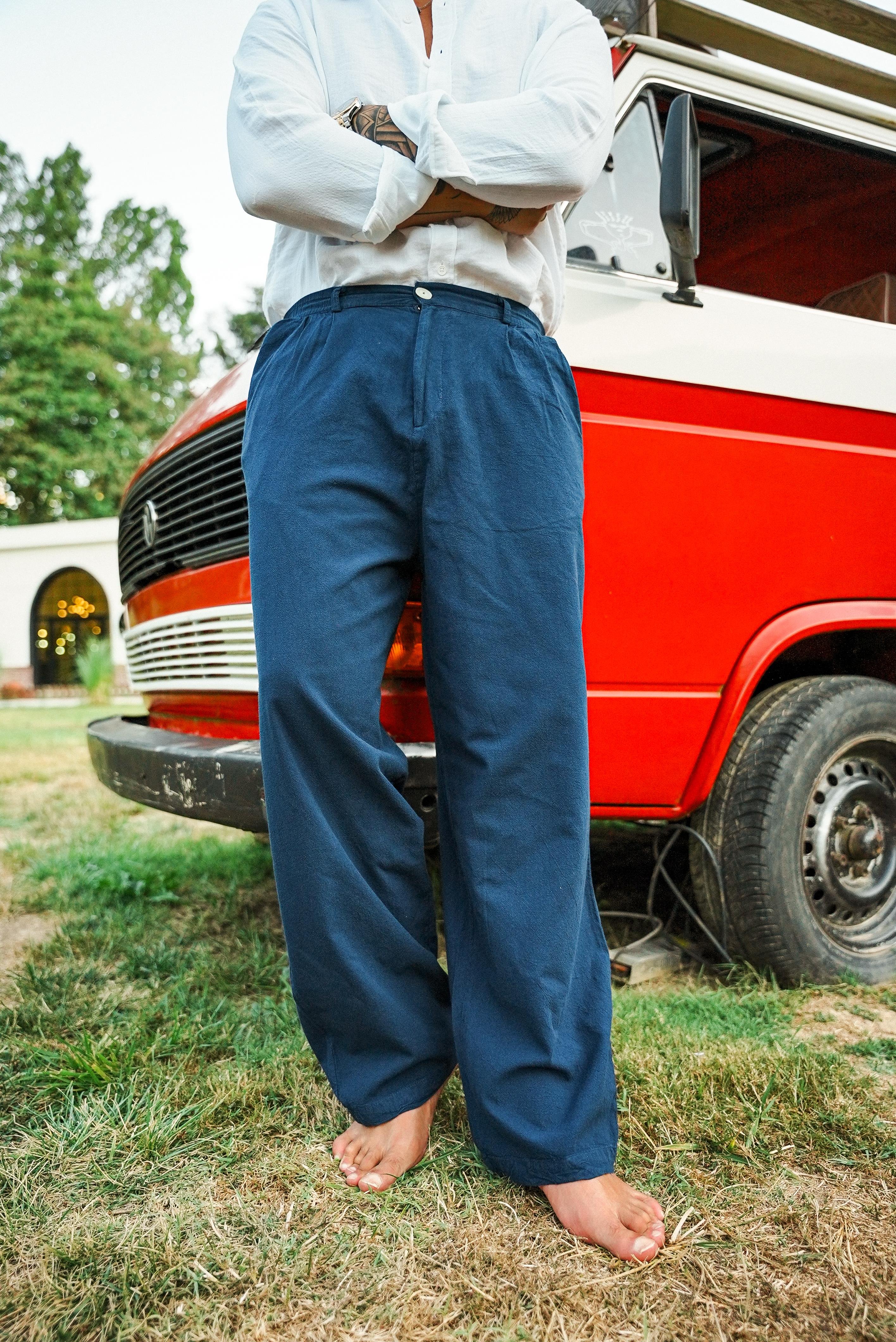 Düğmeli Bol Keten Pantolon Lacivert