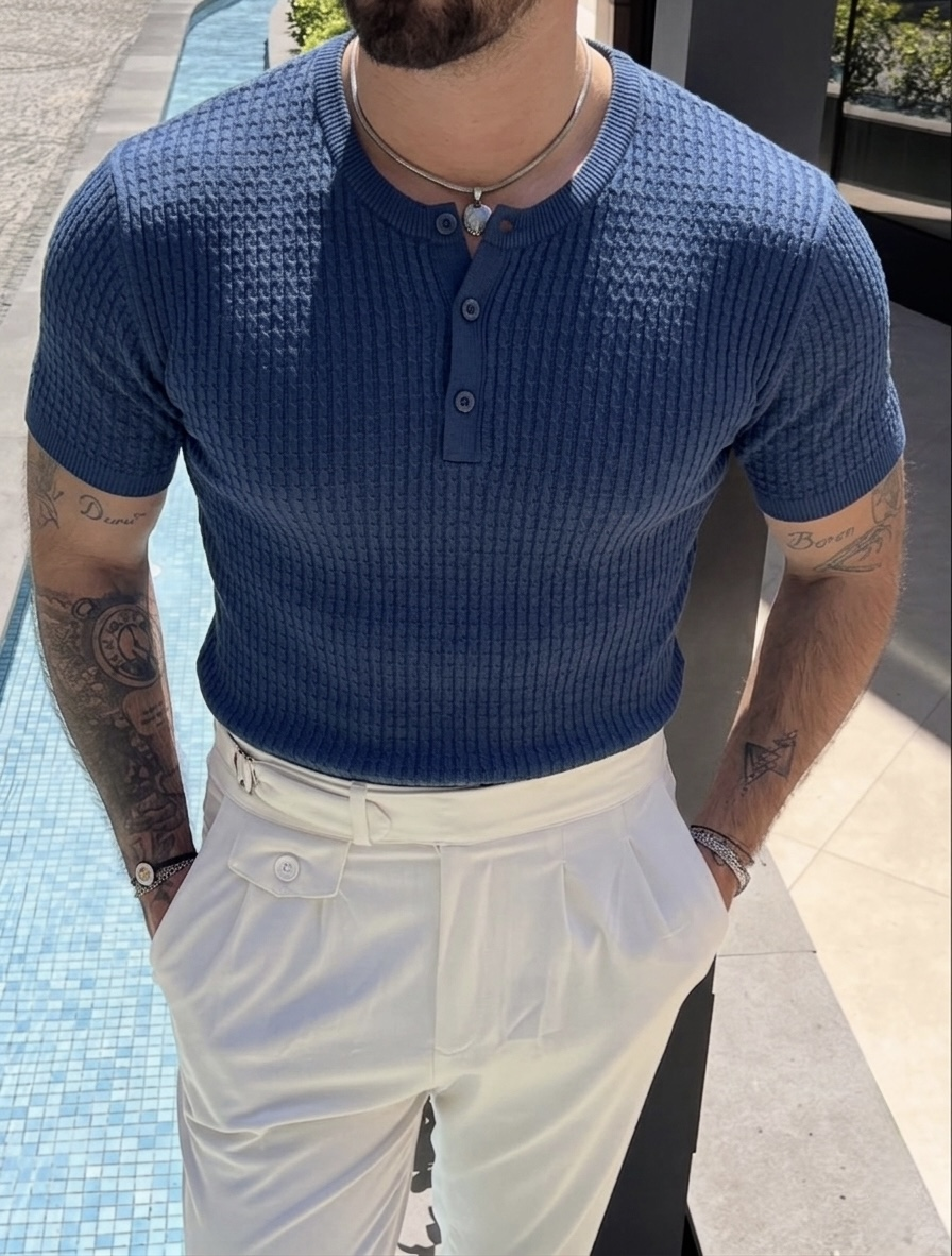 Düğmeli Kabartmalı Triko Tshirt Lacivert