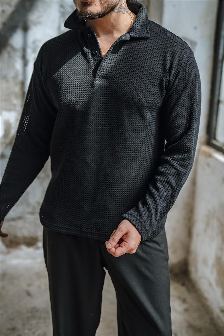 Düğmeli Polo Yaka Kazak Siyah