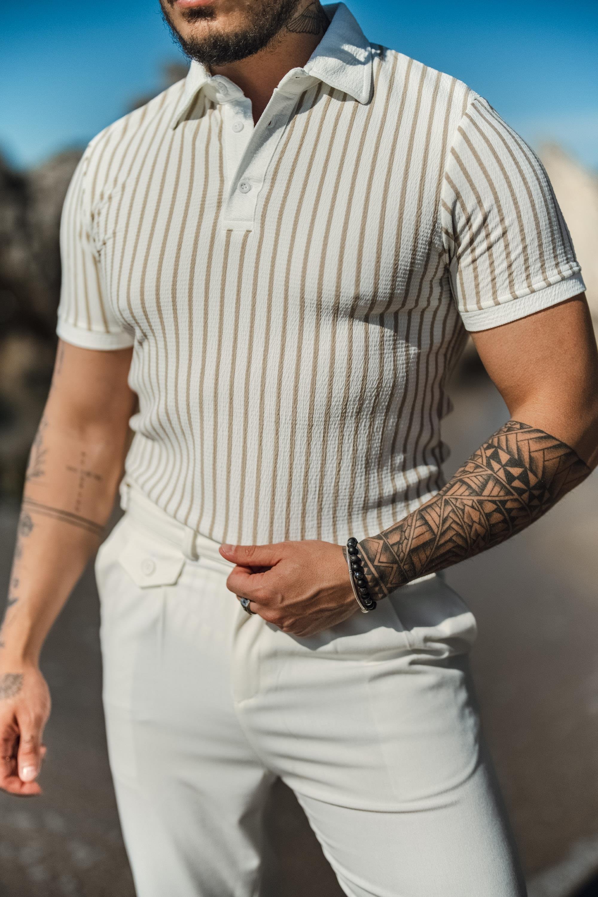 Düğmeli Şeritli Slim Fit T-Shirt Bej