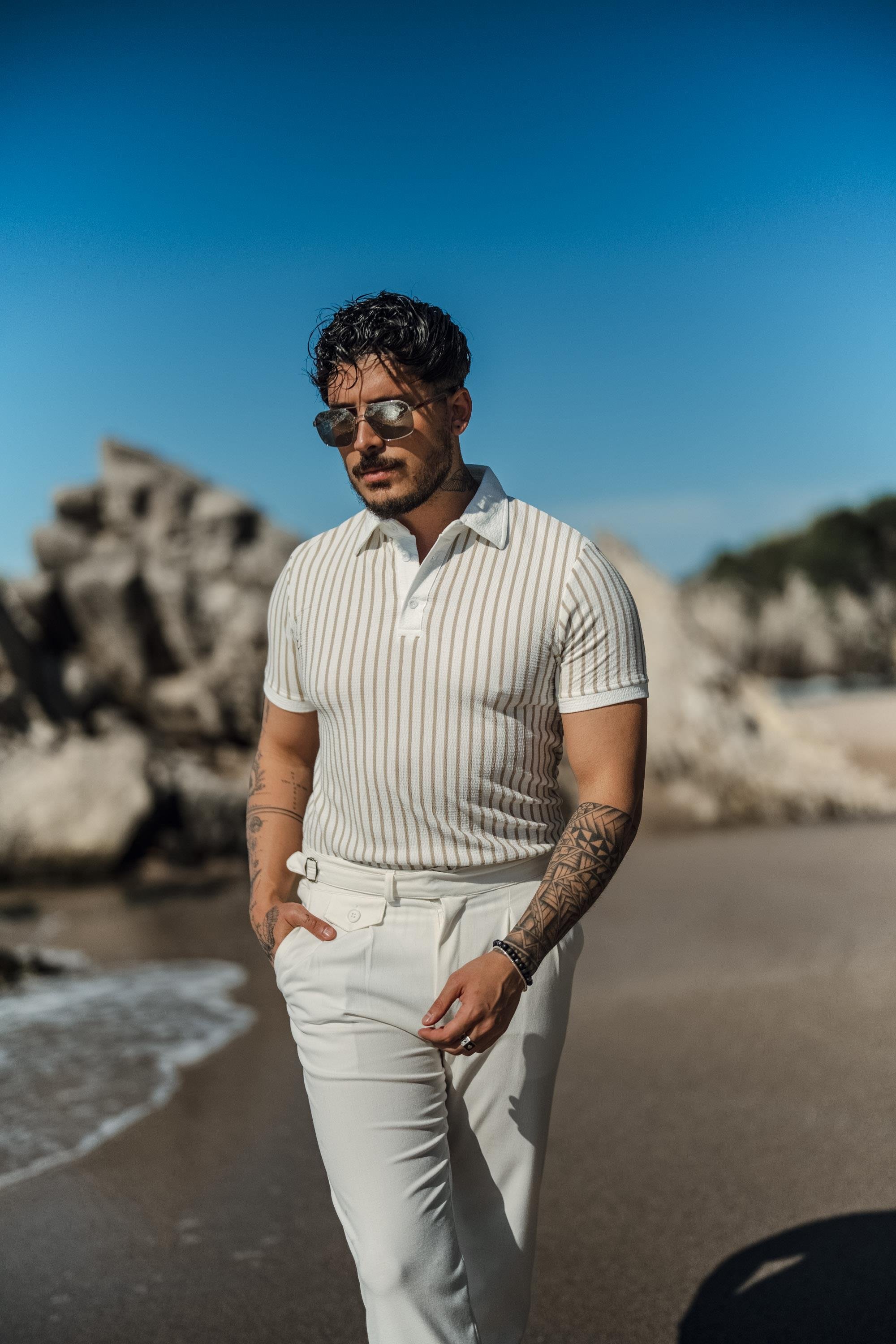 Düğmeli Şeritli Slim Fit T-Shirt Bej