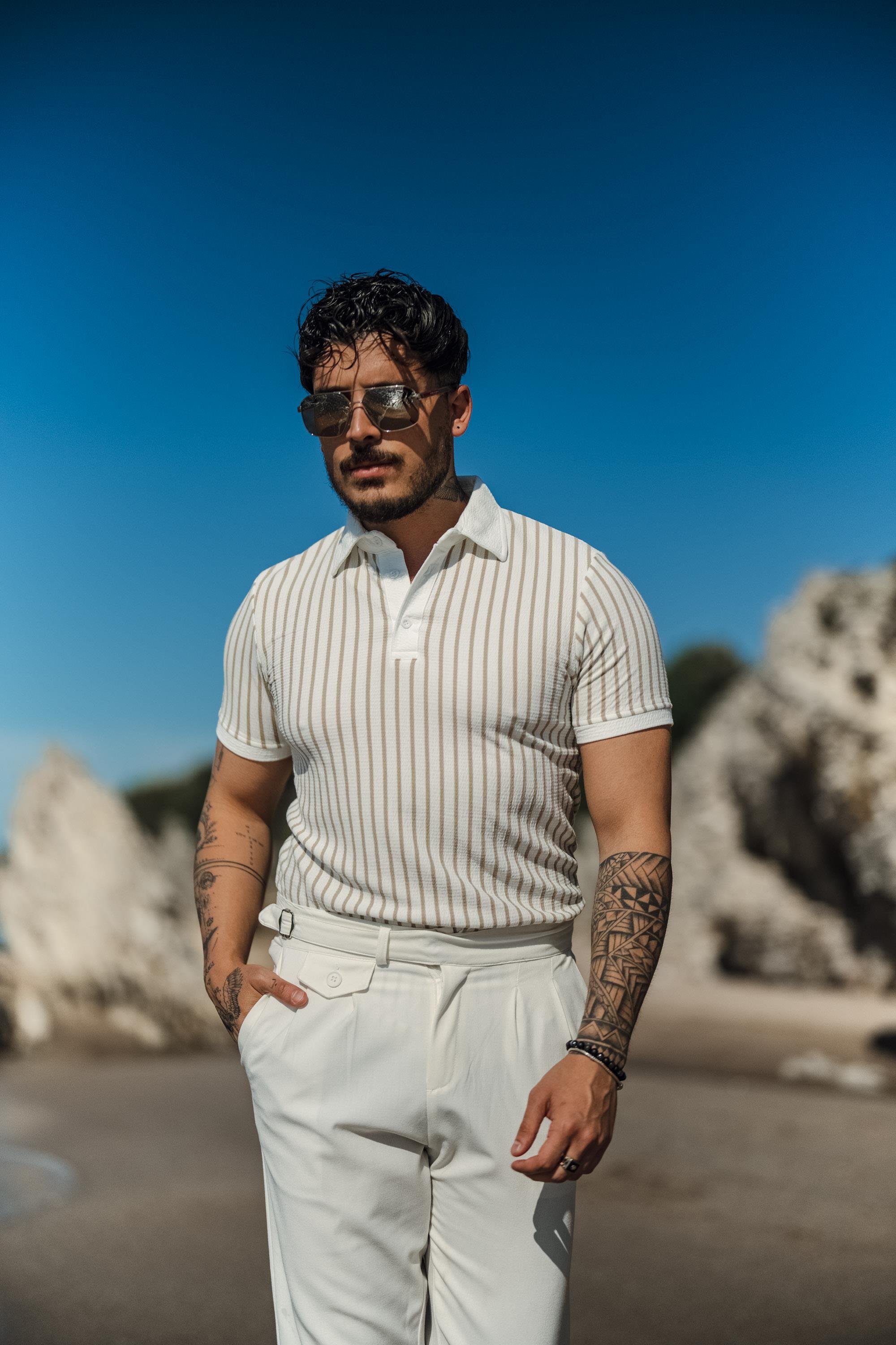 Düğmeli Şeritli Slim Fit T-Shirt Bej