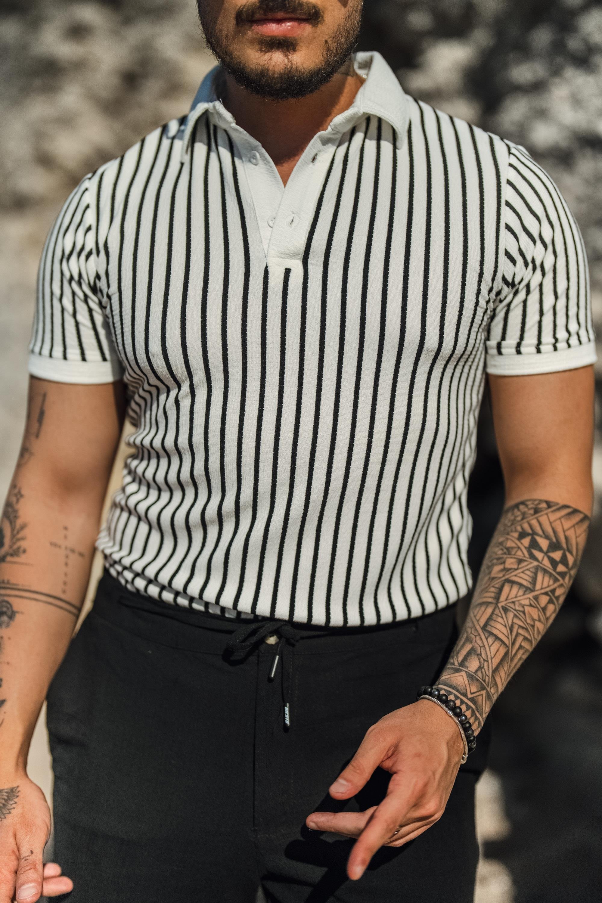 Düğmeli Şeritli Slim Fit T-Shirt Beyaz