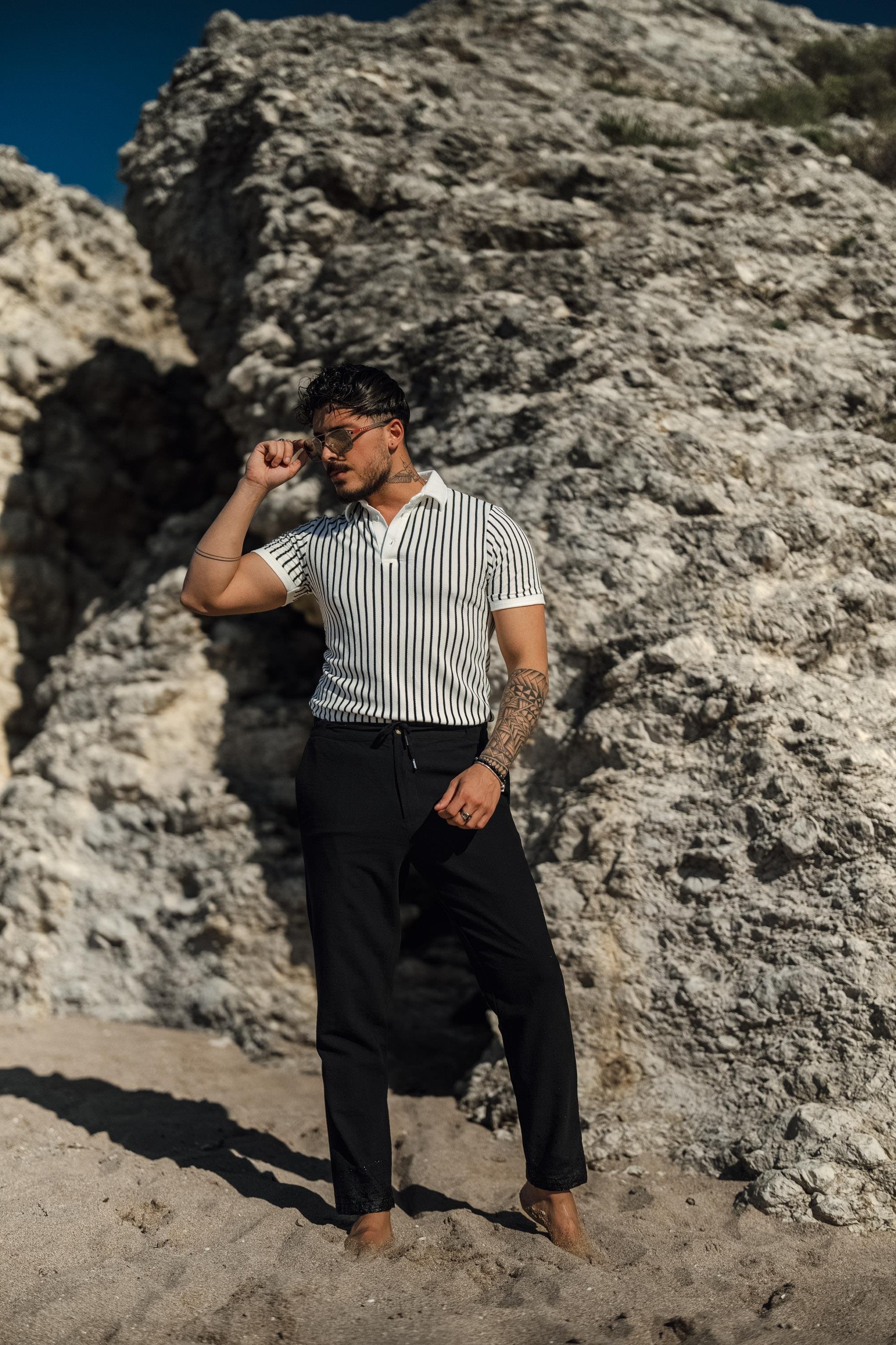 Düğmeli Şeritli Slim Fit T-Shirt Beyaz