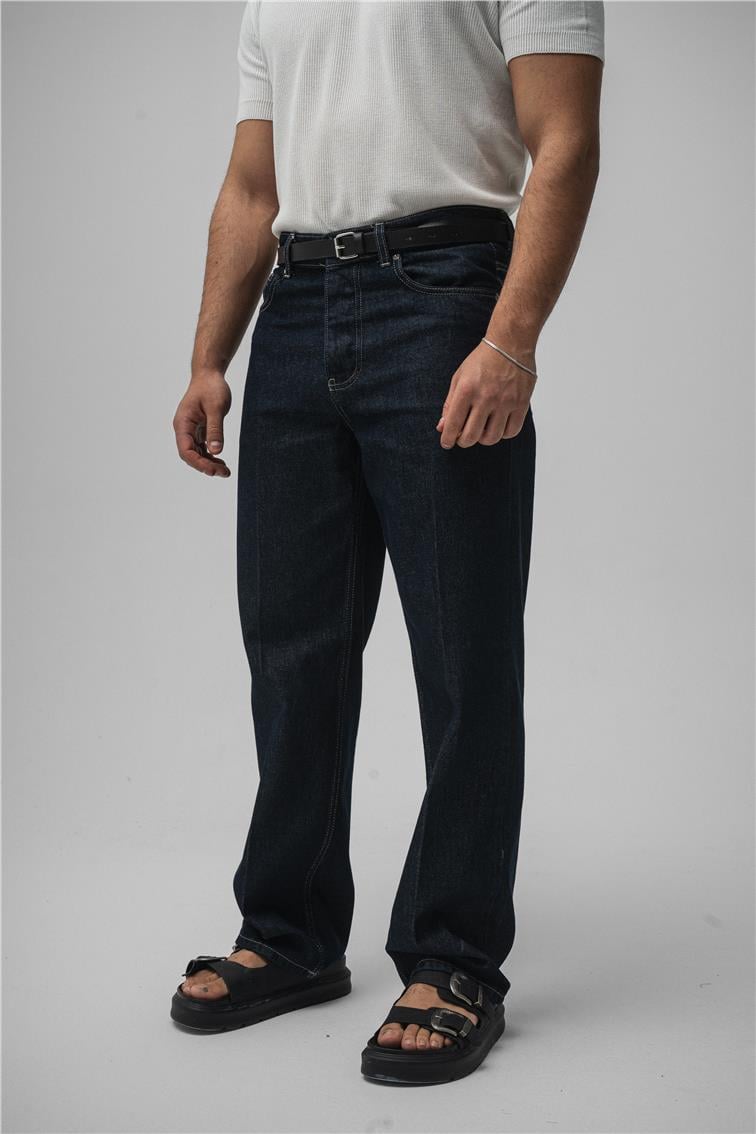 Düz Baggy Jean Koyu Mavi