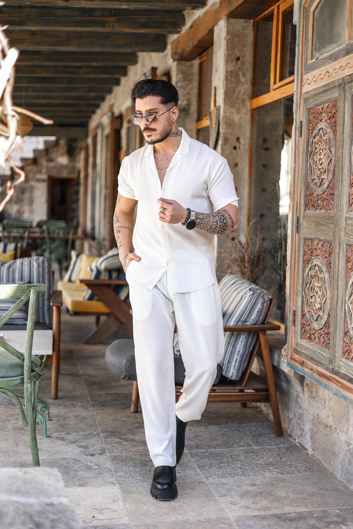 Düz Fitilli Oversize Kısa Kol Gömlek Beyaz