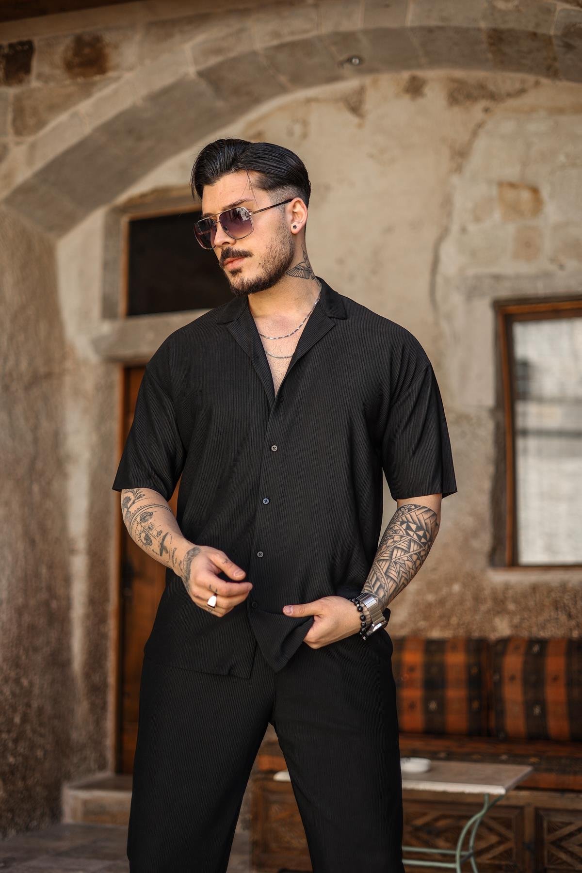 Düz Fitilli Oversize Kısa Kol Gömlek Siyah