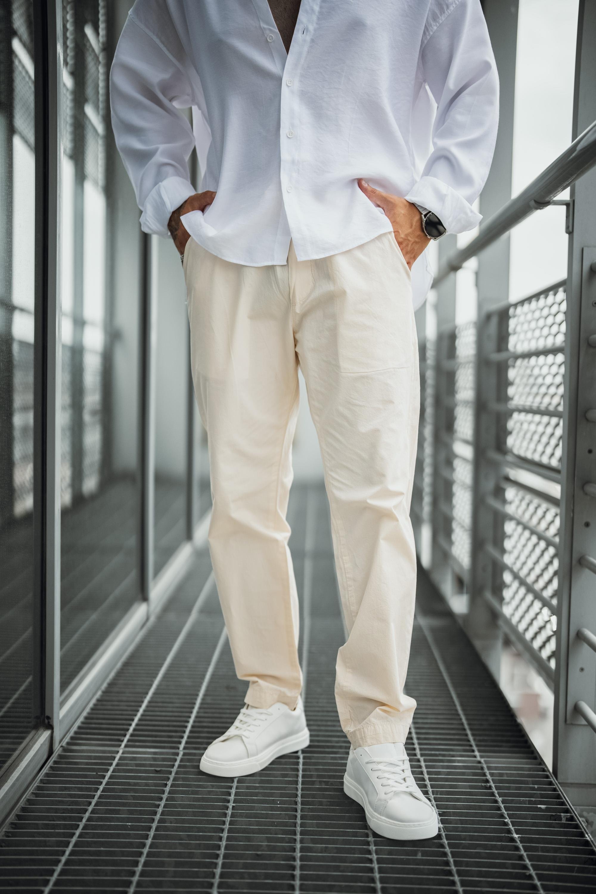 Düz Pamuku Boyfriend Pantolon Krem