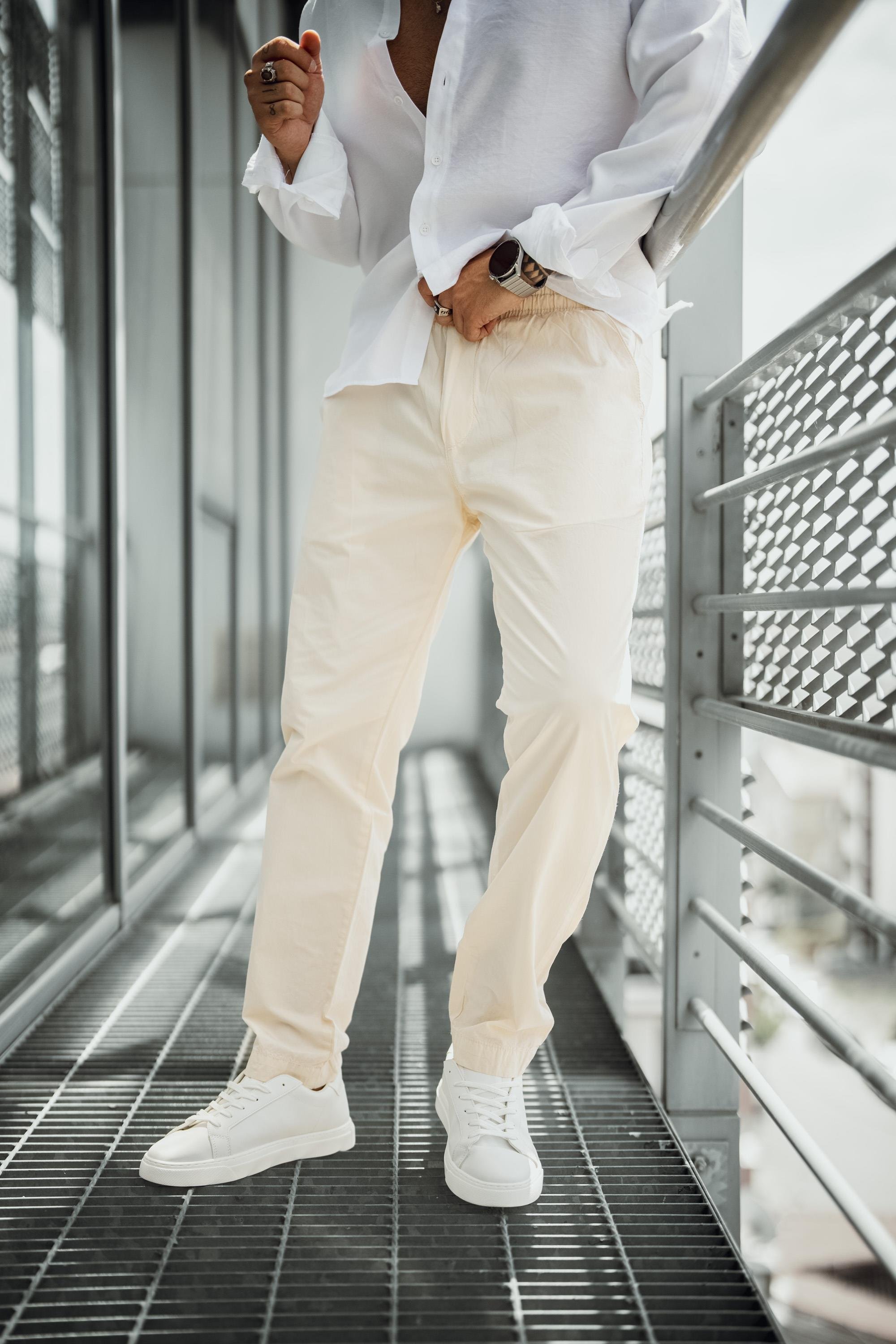 Düz Pamuku Boyfriend Pantolon Krem