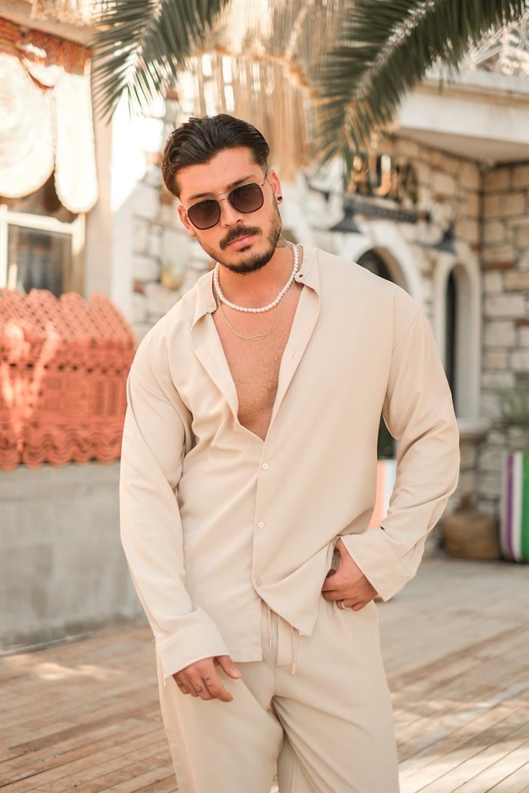 Düz Yaka Basic Gömlek Bej