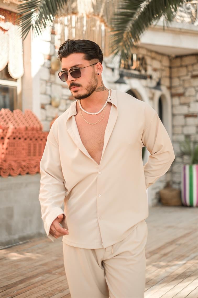 Düz Yaka Basic Gömlek Bej