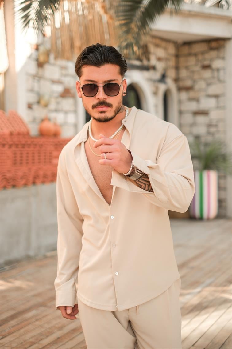Düz Yaka Basic Gömlek Bej