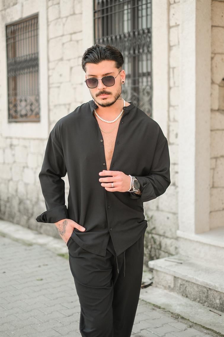Düz Yaka Basic Gömlek Siyah