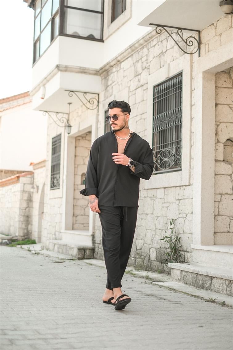 Düz Yaka Basic Gömlek Siyah