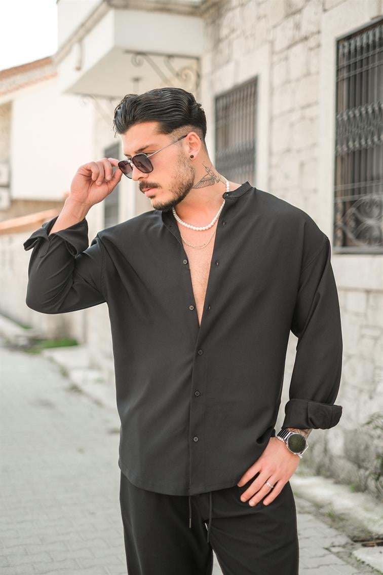 Düz Yaka Basic Gömlek Siyah