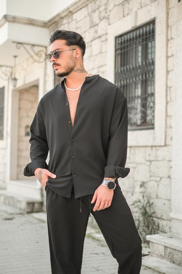Düz Yaka Basic Gömlek Siyah