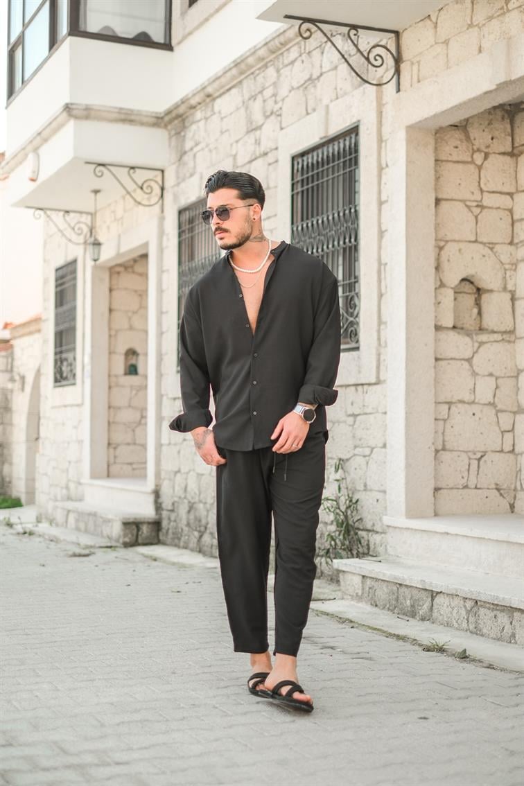 Düz Yaka Basic Gömlek Siyah