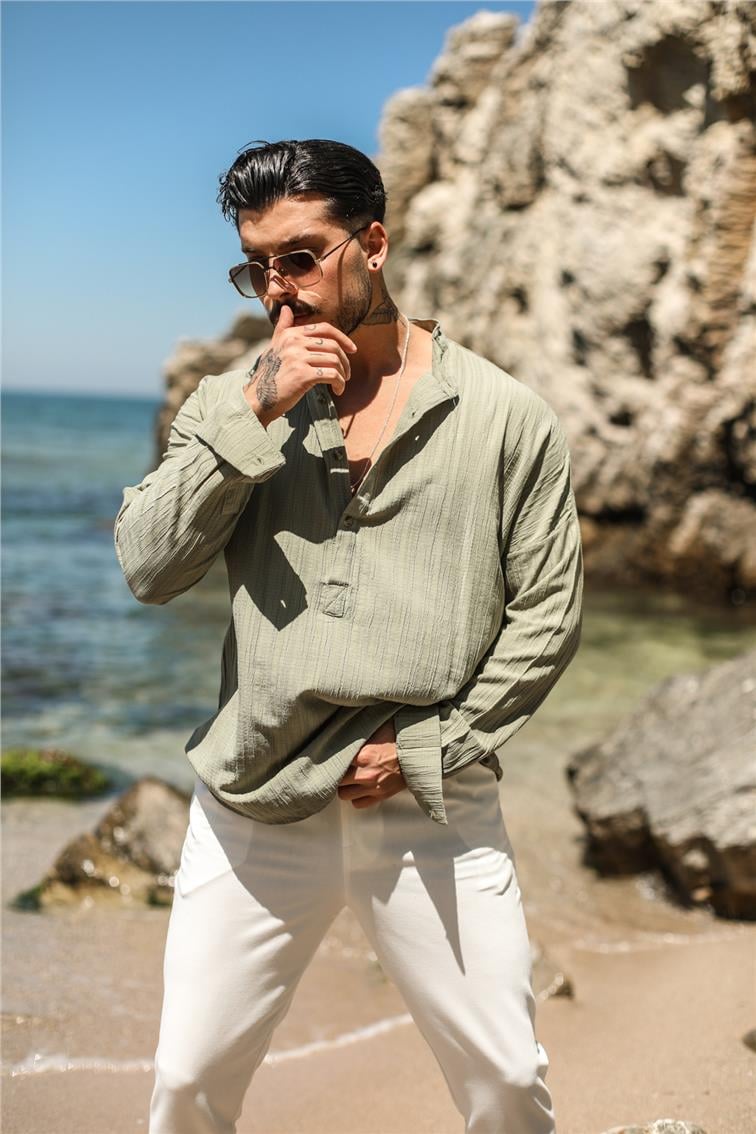Düz Yaka Kabartmalı Şerit Detay Oversize Gömlek Mint